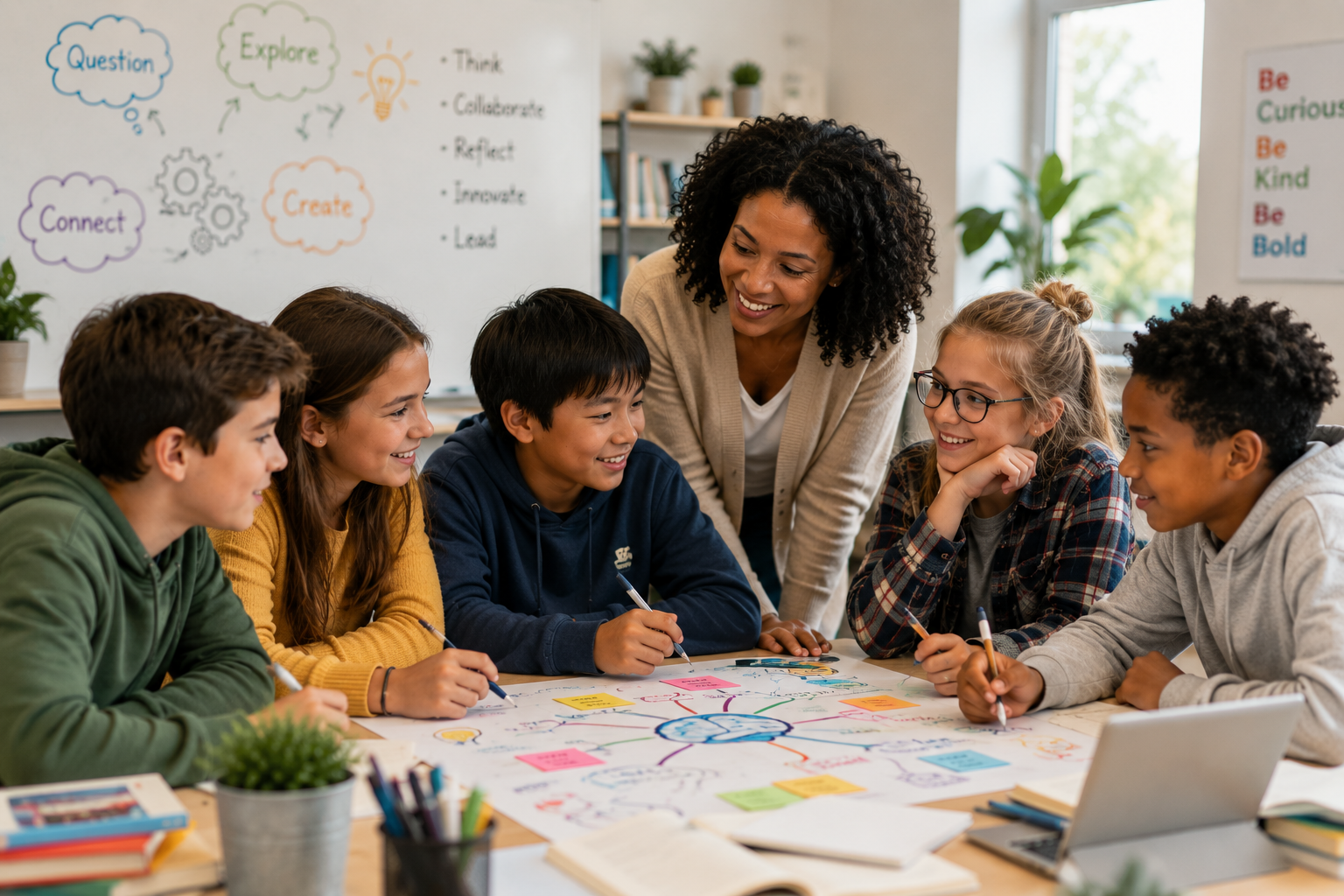 a group of kids and a woman looking at a drawing